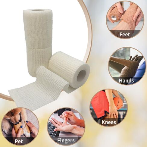 ضمادة ذاتية اللصق، شريط طبي، ضمادات مرنة مرنة قابلة للتنفس، إسعافات أولية غير منسوجة، تمارين التمدد، والالتواء والتورم في الكاحل، رياضات 2 بوصة × 5 ياردات، 12 حزمة (أبيض) in Kuwait