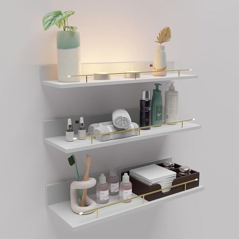 Giftgarden 16 Inch Black Floating Shelves with Black Metal Guardrail, Wood Shelves for Wall Storage Set of 3, Wall Shelf for Bathroom Bedroom Living Room Kitchen Nursery in Kuwait