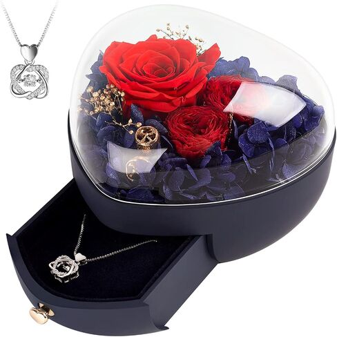 Preserved Rose and Necklace in Music Box, Rose Box with Jewelry. Gifts for Mom Wife on Birthday Anniversary Mothers Day Valentines Day Christmas from Husband Daughter Son (Blue-For Mom) in Saudi Arabia