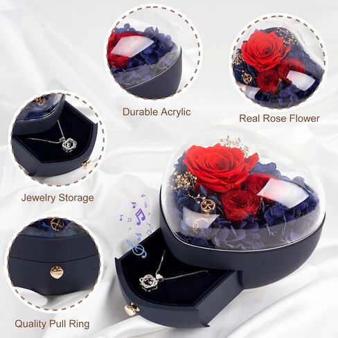 Preserved Rose and Necklace in Music Box, Rose Box with Jewelry. Gifts for Mom Wife on Birthday Anniversary Mothers Day Valentines Day Christmas from Husband Daughter Son (Blue-For Mom) in Saudi Arabia