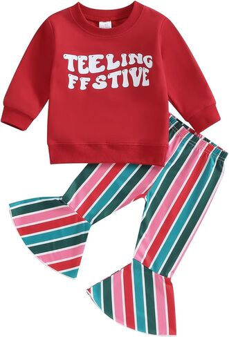 Newbgclo طفلة عيد الميلاد الزي طويل الأكمام رسالة البلوز قمم سانتا جرس قيعان السراويل مجموعة طفل ملابس عيد الميلاد in Kuwait