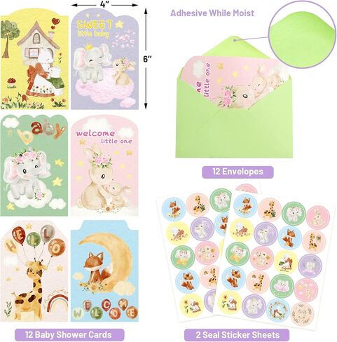 FANCY LAND Baby Shower Cards Assortment New Baby Animal Cards with Envelopes 12PCS Welcome Cards Boys Girls Party Supply in Saudi Arabia