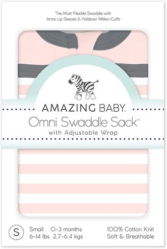 Amazing Baby 6-Way Omni Swaddle Sack with Wrap, Pink Stripes, 6-14 lbs | Most Versatile Swaddle for Newborn with More Options to Calm Startle Reflex, Arms Up Sleeves & Mitten Cuffs for Better Sleep in Saudi Arabia
