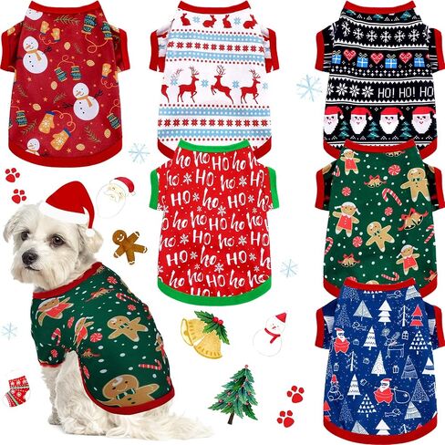 6 Pieces Christmas Dog Clothes Pet Shirts Breathable Puppy Vest Printed Christmas Snowman Reindeer Santa Claus Dog Shirts for Soft Outfit Dogs and Cats (L(8.8lbs-11.1lbs)) in Saudi Arabia