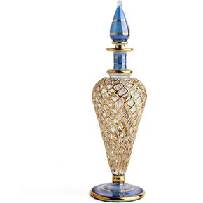 زجاجة عطر مصرية كبيرة مفردة عتيقة بحجم متوسط 7 انش (18 سم) للزيوت العطرية الذهبية المزخرفة، زجاجة فارغة من جيني بايركس من زجاج مصري مصنوع يدويا in Kuwait