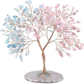 mookaitedecor Handmade Rose Quartz & Amethyst Crystal Tree with Agate Slice Base, Bonsai Money Tree of Life for Wealth and Luck, Feng Shui Home Decor