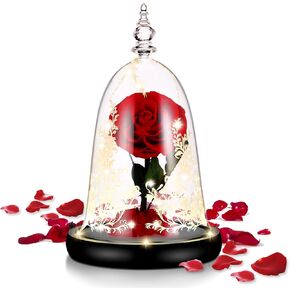 دي دي اس كيه واي وردة ساحرة محفوظة يدويا من بيوتي اند ذا بيست مع ضوء LED في قبة زجاجية على قاعدة خشبية، وردة حقيقية 100% لعيد الميلاد وعيد الحب، احمر in Kuwait