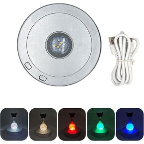 LED Light Rotating Display Base, Multicolor Spinning Round Crystal Glass Lighted Display Base Stand for Glass Bottle Crystal Art Figurine Decoration (Silver)