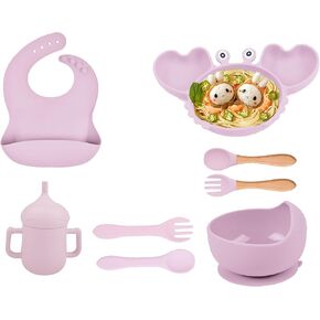 مجموعة أطباق تغذية الأطفال من السيليكون مع شفط، أطباق للأطفال الصغار، أكواب سيبي، مريلة قابلة للتعديل، مستلزمات الشوك والملعقة، مستلزمات الفطام، أدوات تناول الطعام للأطفال الصغار 1-3 (وردي) in Kuwait