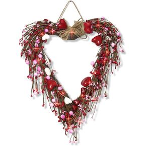 18 بوصة أكاليل عيد الحب مضاءة مسبقًا للباب الأمامي - FastDeng 20 مصباح LED أحمر مع مؤقت، التوت الأبيض الأحمر الوردي، إكليل صناعي يعمل بالبطارية لديكور ذكرى الزفاف in Kuwait