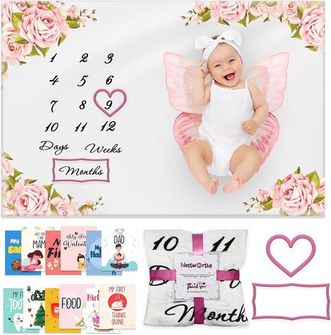 Baby Milestone Blanket for Girls, Pink Floral Monthly Photo Prop Blanket, 60x40 Baby Growth Chart with 6 Milestone Cards, Newborn Girl in Saudi Arabia