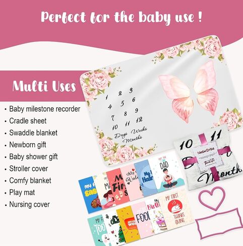 Baby Milestone Blanket for Girls, Pink Floral Monthly Photo Prop Blanket, 60x40 Baby Growth Chart with 6 Milestone Cards, Newborn Girl in Saudi Arabia