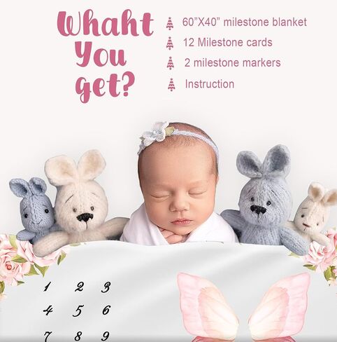 Baby Milestone Blanket for Girls, Pink Floral Monthly Photo Prop Blanket, 60x40 Baby Growth Chart with 6 Milestone Cards, Newborn Girl in Saudi Arabia