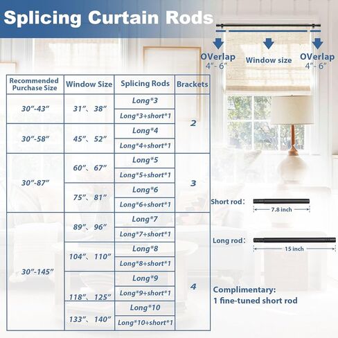 Curtain Rod for Windows 30 to 87 Inch 5/8 Inch Small Black Adjustable Curtain Rod Set for Bedroom Window Heavy Duty Drapery Rods with Brackets in Kuwait