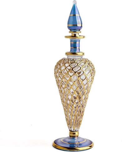 زجاجة عطر مصرية كبيرة مفردة عتيقة بحجم متوسط 7 انش (18 سم) للزيوت العطرية الذهبية المزخرفة، زجاجة فارغة من جيني بايركس من زجاج مصري مصنوع يدويا in Kuwait