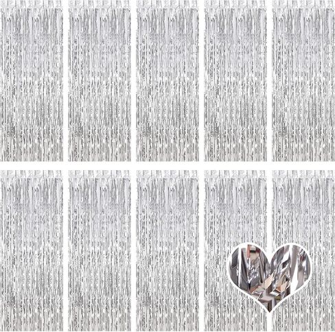 10 Pack Silver Backdrop Curtain 3.2ft x 8.2ft Metallic Tinsel Foil Fringe Curtains Photo Booth Background for Birthday Party Decoration Baby Shower Engagement Wedding Christmas Decoration (Silver) in Saudi Arabia