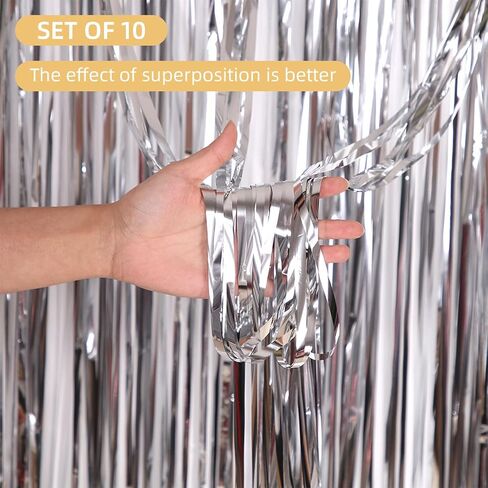 10 Pack Silver Backdrop Curtain 3.2ft x 8.2ft Metallic Tinsel Foil Fringe Curtains Photo Booth Background for Birthday Party Decoration Baby Shower Engagement Wedding Christmas Decoration (Silver) in Saudi Arabia