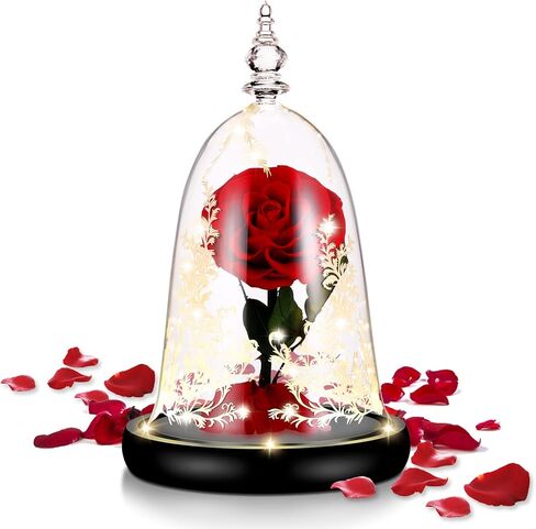 دي دي اس كيه واي وردة ساحرة محفوظة يدويا من بيوتي اند ذا بيست مع ضوء LED في قبة زجاجية على قاعدة خشبية، وردة حقيقية 100% لعيد الميلاد وعيد الحب، احمر in Kuwait
