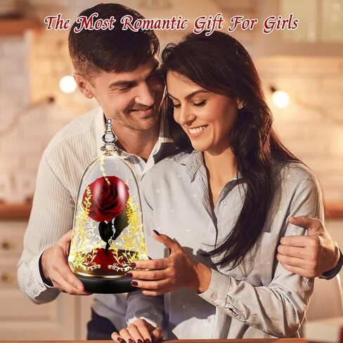 دي دي اس كيه واي وردة ساحرة محفوظة يدويا من بيوتي اند ذا بيست مع ضوء LED في قبة زجاجية على قاعدة خشبية، وردة حقيقية 100% لعيد الميلاد وعيد الحب، احمر in Kuwait