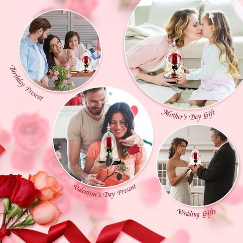 دي دي اس كيه واي وردة ساحرة محفوظة يدويا من بيوتي اند ذا بيست مع ضوء LED في قبة زجاجية على قاعدة خشبية، وردة حقيقية 100% لعيد الميلاد وعيد الحب، احمر in Kuwait