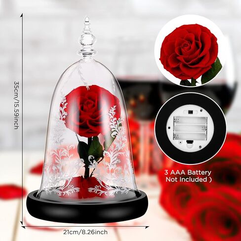 دي دي اس كيه واي وردة ساحرة محفوظة يدويا من بيوتي اند ذا بيست مع ضوء LED في قبة زجاجية على قاعدة خشبية، وردة حقيقية 100% لعيد الميلاد وعيد الحب، احمر in Kuwait