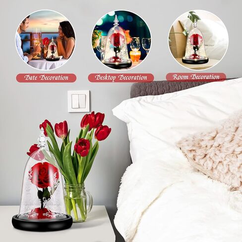 دي دي اس كيه واي وردة ساحرة محفوظة يدويا من بيوتي اند ذا بيست مع ضوء LED في قبة زجاجية على قاعدة خشبية، وردة حقيقية 100% لعيد الميلاد وعيد الحب، احمر in Kuwait