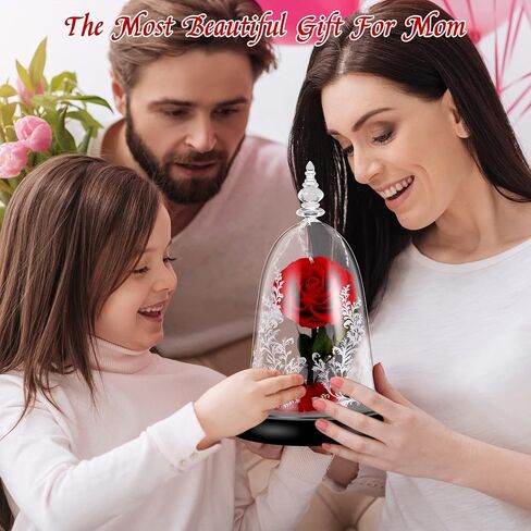 دي دي اس كيه واي وردة ساحرة محفوظة يدويا من بيوتي اند ذا بيست مع ضوء LED في قبة زجاجية على قاعدة خشبية، وردة حقيقية 100% لعيد الميلاد وعيد الحب، احمر in Kuwait