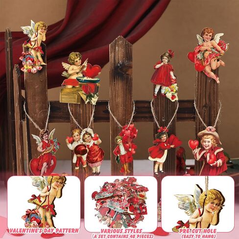 Glenmal 48 Pcs Vintage Valentine Ornaments for Tree Valentine Decorations for Tree Valentine's Day Wooden Hanging Decorative Ornaments for Valentines Party Tree Decorations in Saudi Arabia
