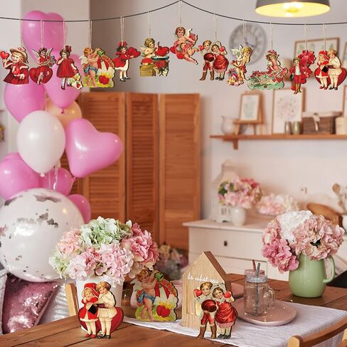Glenmal 48 Pcs Vintage Valentine Ornaments for Tree Valentine Decorations for Tree Valentine's Day Wooden Hanging Decorative Ornaments for Valentines Party Tree Decorations in Saudi Arabia
