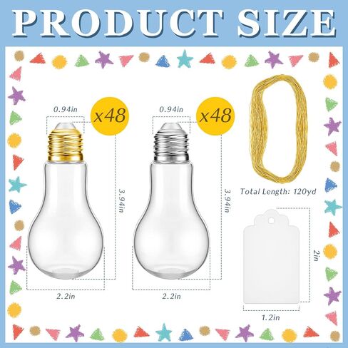 96 Pcs Plastic Light Bulb Jars with Labels and Rope, 100ml Clear Fillable Light Bulb Containers Plastic Candy Jar for Arts, Crafts, Decorative Centerpieces, Christmas Wedding Party Favors, 4 Inch Tall in Saudi Arabia