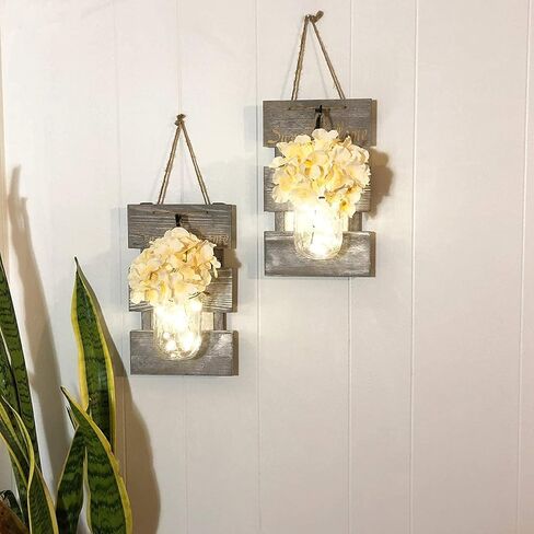 Set of 2 Rustic Wall Sconces - Mason Jars Sconce, Rustic Home Decor, with LED Fairy Lights, Flowers for Home Decoration Gift (Grey) in Saudi Arabia