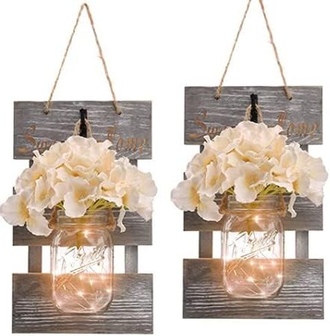Set of 2 Rustic Wall Sconces - Mason Jars Sconce, Rustic Home Decor, with LED Fairy Lights, Flowers for Home Decoration Gift (Grey) in Saudi Arabia