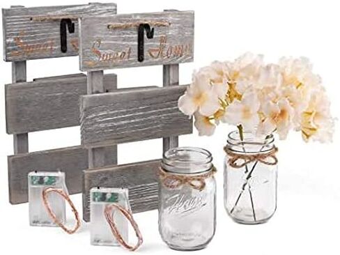Set of 2 Rustic Wall Sconces - Mason Jars Sconce, Rustic Home Decor, with LED Fairy Lights, Flowers for Home Decoration Gift (Grey) in Saudi Arabia