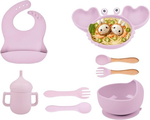 مجموعة أطباق تغذية الأطفال من السيليكون مع شفط، أطباق للأطفال الصغار، أكواب سيبي، مريلة قابلة للتعديل، مستلزمات الشوك والملعقة، مستلزمات الفطام، أدوات تناول الطعام للأطفال الصغار 1-3 (وردي) in Kuwait
