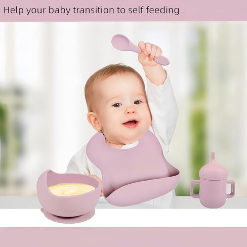 مجموعة أطباق تغذية الأطفال من السيليكون مع شفط، أطباق للأطفال الصغار، أكواب سيبي، مريلة قابلة للتعديل، مستلزمات الشوك والملعقة، مستلزمات الفطام، أدوات تناول الطعام للأطفال الصغار 1-3 (وردي) in Kuwait