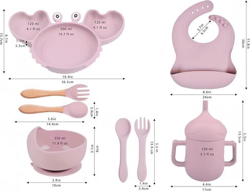 مجموعة أطباق تغذية الأطفال من السيليكون مع شفط، أطباق للأطفال الصغار، أكواب سيبي، مريلة قابلة للتعديل، مستلزمات الشوك والملعقة، مستلزمات الفطام، أدوات تناول الطعام للأطفال الصغار 1-3 (وردي) in Kuwait