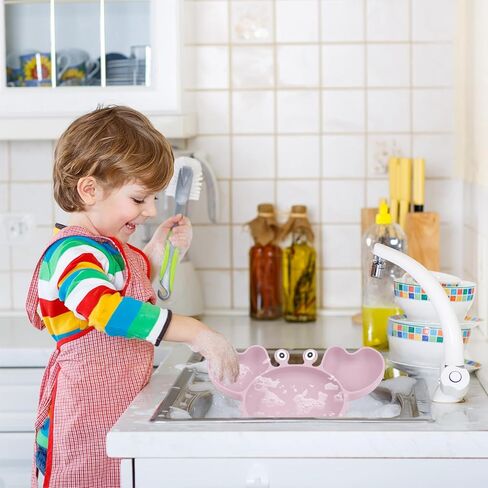 مجموعة أطباق تغذية الأطفال من السيليكون مع شفط، أطباق للأطفال الصغار، أكواب سيبي، مريلة قابلة للتعديل، مستلزمات الشوك والملعقة، مستلزمات الفطام، أدوات تناول الطعام للأطفال الصغار 1-3 (وردي) in Kuwait