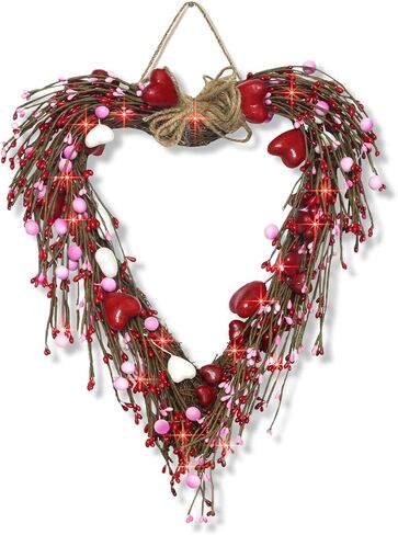 18 بوصة أكاليل عيد الحب مضاءة مسبقًا للباب الأمامي - FastDeng 20 مصباح LED أحمر مع مؤقت، التوت الأبيض الأحمر الوردي، إكليل صناعي يعمل بالبطارية لديكور ذكرى الزفاف in Kuwait