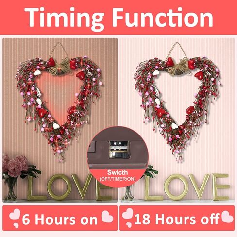 18 بوصة أكاليل عيد الحب مضاءة مسبقًا للباب الأمامي - FastDeng 20 مصباح LED أحمر مع مؤقت، التوت الأبيض الأحمر الوردي، إكليل صناعي يعمل بالبطارية لديكور ذكرى الزفاف in Kuwait