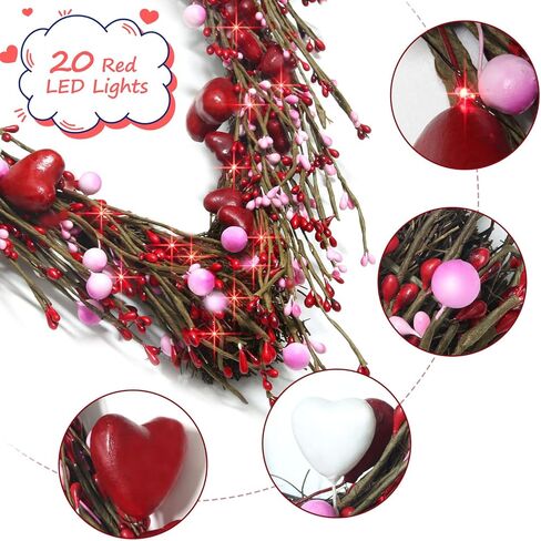 18 بوصة أكاليل عيد الحب مضاءة مسبقًا للباب الأمامي - FastDeng 20 مصباح LED أحمر مع مؤقت، التوت الأبيض الأحمر الوردي، إكليل صناعي يعمل بالبطارية لديكور ذكرى الزفاف in Kuwait