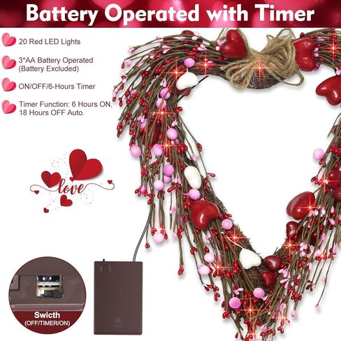 18 بوصة أكاليل عيد الحب مضاءة مسبقًا للباب الأمامي - FastDeng 20 مصباح LED أحمر مع مؤقت، التوت الأبيض الأحمر الوردي، إكليل صناعي يعمل بالبطارية لديكور ذكرى الزفاف in Kuwait