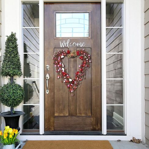 18 بوصة أكاليل عيد الحب مضاءة مسبقًا للباب الأمامي - FastDeng 20 مصباح LED أحمر مع مؤقت، التوت الأبيض الأحمر الوردي، إكليل صناعي يعمل بالبطارية لديكور ذكرى الزفاف in Kuwait