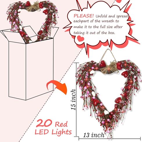 18 بوصة أكاليل عيد الحب مضاءة مسبقًا للباب الأمامي - FastDeng 20 مصباح LED أحمر مع مؤقت، التوت الأبيض الأحمر الوردي، إكليل صناعي يعمل بالبطارية لديكور ذكرى الزفاف in Kuwait