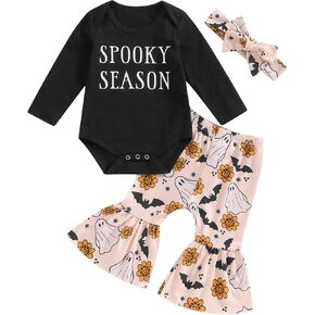 fhutpw Baby Girl Halloween Clothes Long Sleeve Romper Tops Ghost Pants Set | Infant Girl My First Halloween Outfit, Pumpkin Patch Outings, Printed Bell-Bottom Set, Spooky Halloween Newborn Outfits in Kuwait