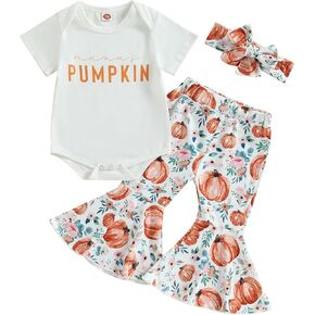 fhutpw Baby Girl Halloween Clothes Long Sleeve Romper Tops Ghost Pants Set | Infant Girl My First Halloween Outfit, Pumpkin Patch Outings, Printed Bell-Bottom Set, Spooky Halloween Newborn Outfits in Saudi Arabia