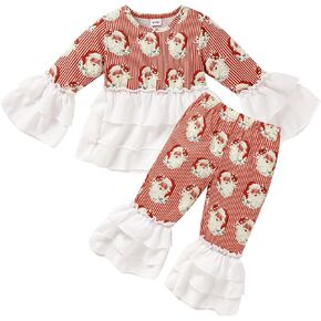 ZOELNIC طفل رضيع الفتيات ملابس عيد الميلاد 2 قطعة مضيئة مخطط سانتا كلوز مطبوعة بلايز الطبقات السراويل مجموعة in Kuwait