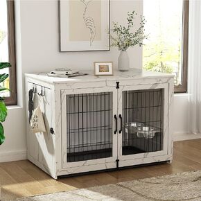 Piskyet Wooden Dog Crate Furniture with 360° Rotatable Removable Dog Bowls, Large Dog Crate End Table with Tray, Double Doors Dog Kennels Indoor for Medium Dogs - Marble White, 43 inch in Kuwait
