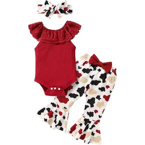 YOUNGER TREE Newborn Infant Baby Girl Clothes Outfits Romper Bodysuit Floral Cow Print Pants Headband 3Pcs Summer Clothes Set