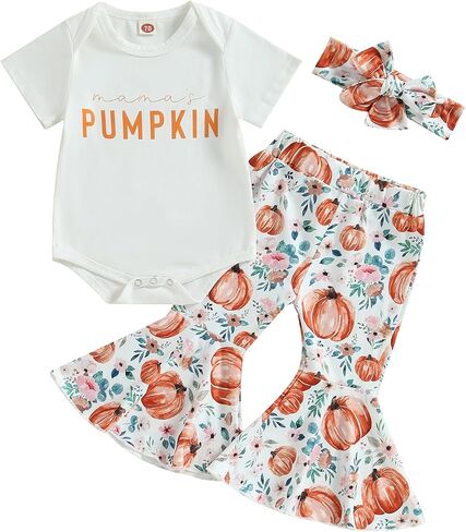 fhutpw Baby Girl Halloween Clothes Long Sleeve Romper Tops Ghost Pants Set | Infant Girl My First Halloween Outfit, Pumpkin Patch Outings, Printed Bell-Bottom Set, Spooky Halloween Newborn Outfits in Saudi Arabia