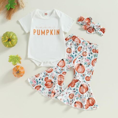 fhutpw Baby Girl Halloween Clothes Long Sleeve Romper Tops Ghost Pants Set | Infant Girl My First Halloween Outfit, Pumpkin Patch Outings, Printed Bell-Bottom Set, Spooky Halloween Newborn Outfits in Saudi Arabia
